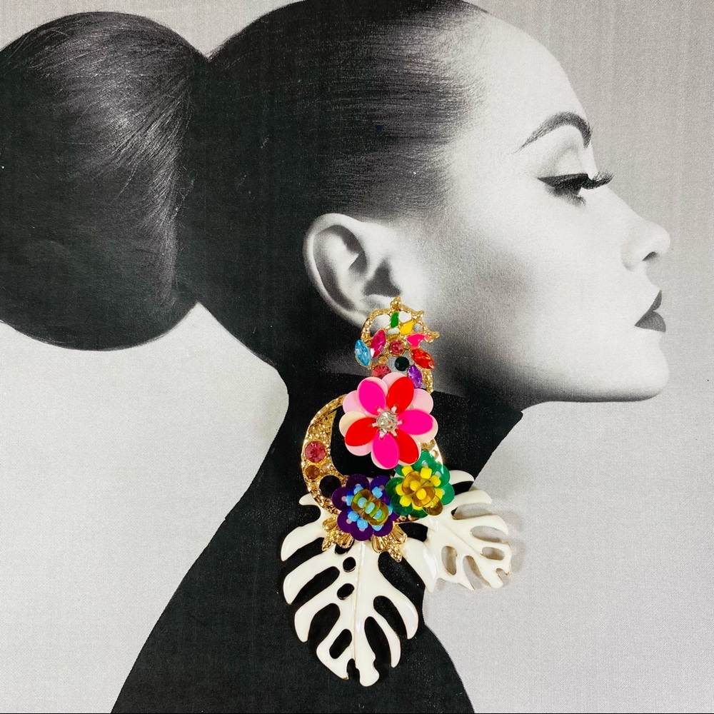 White Tropical temptation earrings enamel Monstera leaves and florals